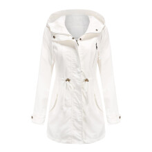 Outdoor-Jacke für Damen, einfarbige Regenjacke mit Kordelzug in der Taille, Kapuze, Reißverschluss, winddicht, mit Tasche, Weiß