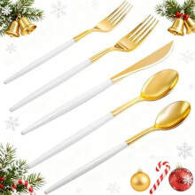 Gold Plastic Cutlery Set with White Handles 96 pcs