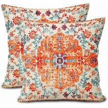 Oranžovo-modré obliečky na vankúše v boho štýle 16x16 palcov, sada 2 vintage etnických vankúšov, hrdzavo-koralový kvetinový vzor –