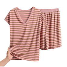 Plus Size Damemode Stribet V-hals Løst Ærmeløst Natsæt med Lommer (Top+Shorts) XL-5XL Pyjamas Loungewear Hjemmetøj