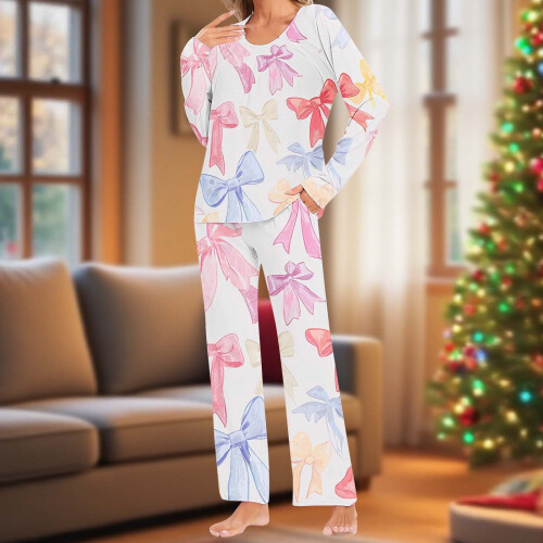 Dame pyjamassæt med snefnugprint, blødt poly-spandex, 2 dele 1