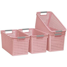 4-pack smal förvaringskorg i plast med handtag, smal organiseringslåda för hyllor, organiseringslåda för kök, hem, kontor (rosa, stor)