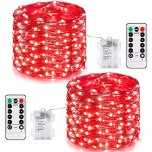 2-pack röda ljusslingor, 400 LED, 42 meter, batteridrivna, fjärrstyrda och 8 lägen, kompatibla med jul-, alla hjärtans dag- och