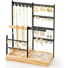 Schmuckständer mit Samtringhalter, 4-stöckiger Schmuckorganizer mit 11 Haken für Halsketten und 132 Löchern für Ohrringe, Schwarz