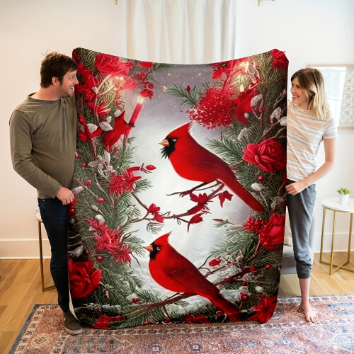 Cardinal Plush Throw Blanket 60x80 in Red Bird Flannel