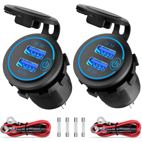 2 θήκες για πρίζες USB 12V/24V, διπλή θύρα QC3.0 με διακόπτη αφής και αδιάβροχη πρίζα για