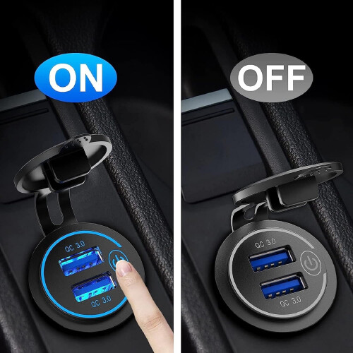 2 θήκες για πρίζες USB 12V/24V, διπλή θύρα QC3.0 με διακόπτη αφής και αδιάβροχη πρίζα για 2