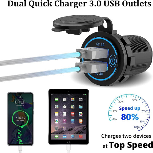 2 θήκες για πρίζες USB 12V/24V, διπλή θύρα QC3.0 με διακόπτη αφής και αδιάβροχη πρίζα για 1