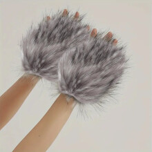 Vingerloze winterhandschoenen van imitatiebont met wolfspootmotief, grijs