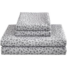 Hoeslakens met luipaard- en cheetahprint voor een tweepersoonsbed – Zachte microvezel, diep hoeslaken met antisliprand en kussenslopen, zilvergrijs