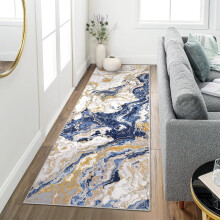Tapete de corredor moderno com estampa abstrata de mármore, lavável, para cozinha, antiderrapante, 60 x 180 cm, azul.