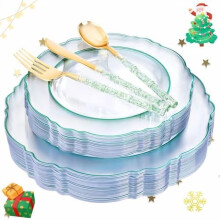 150PCS Clear & Green Plastic Plates + Glitter Bamboo Cutlery (60 plates, 30 forks, 30 spoons, 30 knives) – Christmas Baroque Elegant Set
