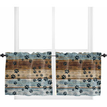 Cortinas com estampa de patas de cachorro em tons de azul e marrom, 2 painéis, 84 cm de largura x 54 cm de comprimento, com bolso para varão,