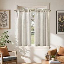 Cortinas de cozinha em linho listrado, 114 cm de altura, estilo café campestre, filtram a luz, com bolso para varão, 2 painéis, cinza taupe