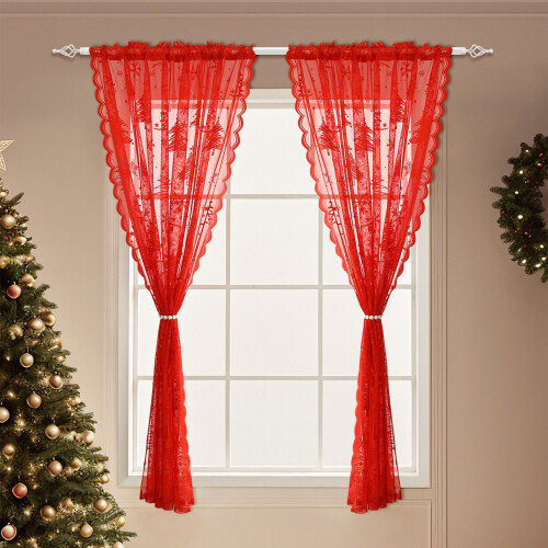 Christmas Sheer Curtains Red with Tree Pattern 2-Pack 1
