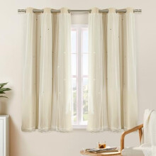 Cortinas bege com estampa de estrelas e sobreposição transparente, 80% de bloqueio de luz, ilhós na parte superior, 86 x 114 cm, 2 painéis –