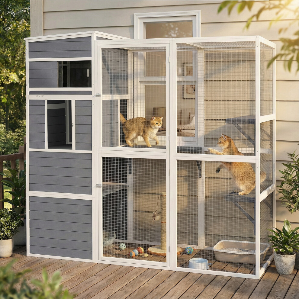 Pawhut Wooden Catio With Spacious Resting Rooms, 3 Platforms, Window, Grey