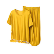 Damespyjamaset, casual, met lange top en lange broek, huispak, 2-delige pyjamaset met lange broek, geel, XL