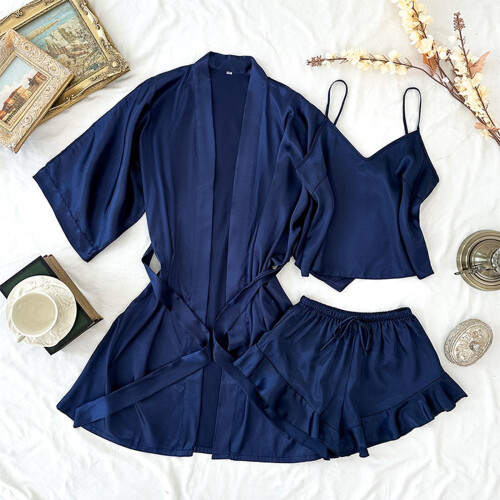 Γυναικείο σετ πιτζάμας ύπνου μονόχρωμη Cami Tank Top σορτς ρόμπα νυχτικό 3 τεμαχίων σετ 1
