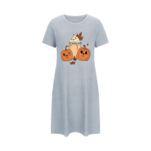 Camicia da notte da donna taglie forti con stampa di zucche di Halloween 2025, scollo rotondo, maniche corte, comoda, taglie 3XL-5XL, blu