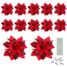 Κόκκινα κλιπ λουλουδιών Poinsettia με γκλίτερ 12 τεμάχια