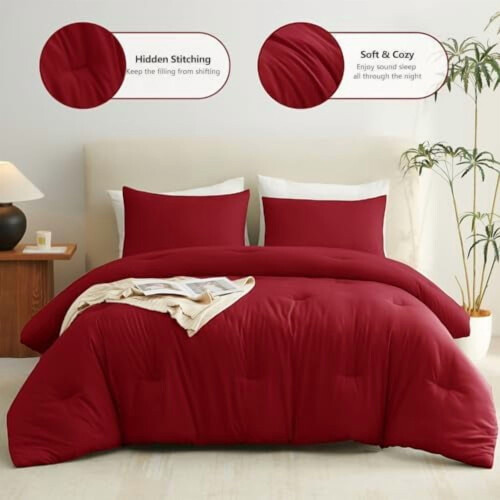 Dark Red Queen Comforter Set 3 pcs Microfiber 1