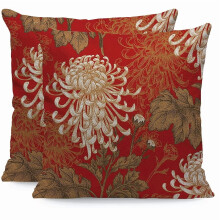 Boheemse sierkussenhoes met bloemenprint in rood en goud met chrysanten.