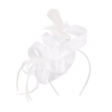 Haarband/fascinator met haarclip, elastische band, decoratieve imitatieveren en lint van satijnstof, dameshoofdband, feestaccessoire, wit