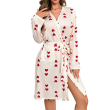 Dames nachtjapon met lange mouwen en hartjesprint, rood, maat M-2XL