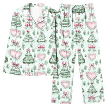 Dameskerstpyjamaset: Kerstmanprint, lange mouwen, knoopsluiting aan de voorkant, elastische taille, maten S-2XL – perfect als kerstcadeau