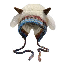 yocbz Beanie Fårehue med Ører og Horn, Fuzzy Animal Kawaii Hatte til Kvinder, Sjov Sød Beanie med Snore, Piger Vinterhue Tilbehør Beige (D)