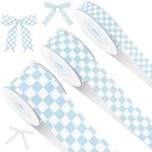 3 Rollen blau/weiß kariertes Band (0,4", 0,87", 1,5" x 15yd) – Rennwagen-Motiv, Ripsband, für Bastelarbeiten, Kränze, Partys