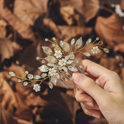 Χτένα Μαλλιών Leaf Bride Γάμου με Στρας, Μαργαριτάρια, Στολές Μαλλιών για Νύφες, 2