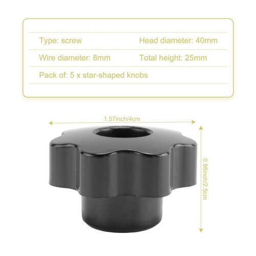 5 pieces Black star grip knobs, female thread diameter 8mm,  diameter 40mm