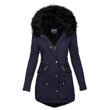 (M,Navy)2022 Winter Parkas Coats Plus Velvet Women Cotton Wadded Jacket Medium Long Parkas Thick Warm Hooded Quilt Snow Outwear S-5xl