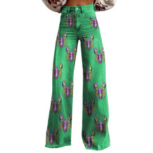 Mardi-Gras-Hose für Damen, Baggy-Jeans mit hohem Bund und weitem Bein, trendiger Grafikprint, festliche Jeans aus Denim-Imitat