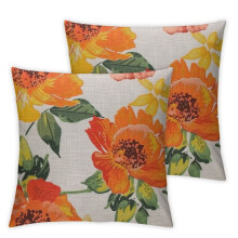 Bright Floral Indoor/Outdoor Accent Throw Pillow, Plush Fill, Weather, and Fade Resistant, Large Throw, Green/Orange Muree, 2 Count White