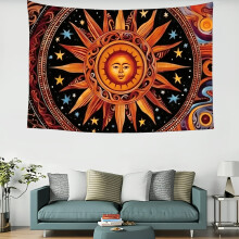 Tapeçaria de Arte Psicodélica Estrela do Sol – 100% Poliéster para Decoração de Parede de Quarto e Sala de Estar