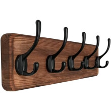 Perchero rústico de pared con distancia entre orificios de montaje de 16 pulgadas, colgador de ropa de madera maciza de pino con 5 ganchos para