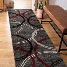 Alfombra moderna de pasillo con diseño de círculos ondulados que no suelta pelusa, ideal para pasillo o cocina, color rojo, 60 x 305 cm.