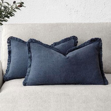 Confezione da 2 federe per cuscini in lino blu navy con frange, 30x60 cm, stile boho-farmhouse con nappe per divano, letto e soggiorno –