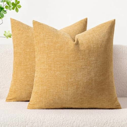 Conjunto de 2 capas de almofada Spring, 40x40 cm, chenille bege e amarelo, decoração macia e sólida para sofá – compatíveis com enchimentos