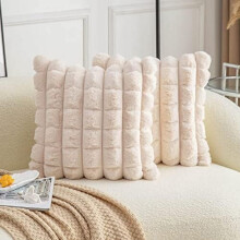 Set di 2 federe decorative in morbida pelliccia sintetica beige a quadri, 56x56 cm, federa in velluto per divano.