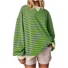Top verde de manga larga para mujer, moderno, cuello redondo, manga larga, poliéster, estampado de rayas, talla XL.