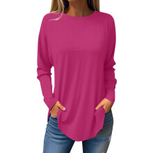 Blusa túnica de manga larga y cuello redondo para mujer, color liso, corte holgado con fruncido – Rosa intenso, talla A3XL, compatible con
