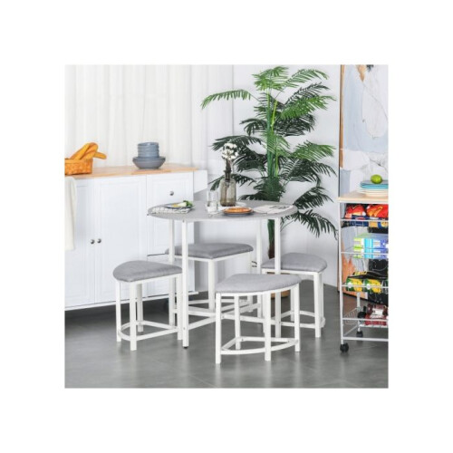 Modern Round Dining Table Set with 4 Upholstered Stools for Dining Room, Kitchen, Grey 1