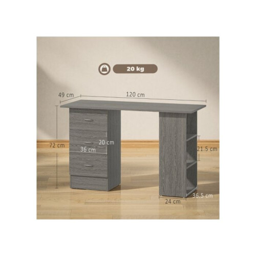 Computer Desk, Writing Table, PC Workstation with 3 Storage Shelves and Drawers, Silver Handle, for Home Office, Grey 2