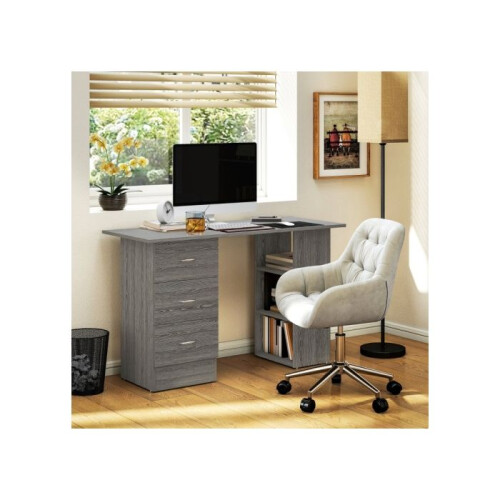Computer Desk, Writing Table, PC Workstation with 3 Storage Shelves and Drawers, Silver Handle, for Home Office, Grey 1