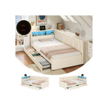 Simple 3-foot bed with two storage drawers, dimensions 90 x 190 cm, beige (mattress not included)