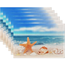 Sada 6 prostírání s motivem oceánských hvězdic, 30,5 x 45,5 cm, len s námořnickým motivem mušlí, pratelné a žáruvzdorné, vhodné pro